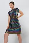 Cham Cham_Multi Color Stretch Knit Foil Solid Straight Metallic Holographic Draped Dress _Online_at_Aza_Fashions