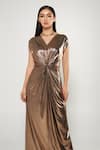 Cham Cham_Gold Stretch Knit Foil Solid V Neck Metallic Centre Draped Gown _Online_at_Aza_Fashions