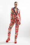 Cin Cin_Red Silk Rome Collared Neck Jacket Pant Set _Online_at_Aza_Fashions