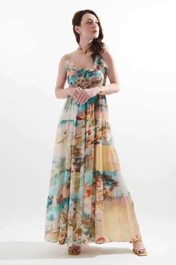 Cin Cin_Multi Color Silk Embroidery Scoop Neck Russel Vintage Print Maxi Dress _Online_at_Aza_Fashions