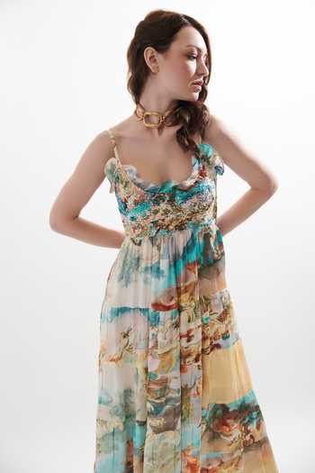 Buy_Cin Cin_Multi Color Silk Embroidery Scoop Neck Russel Vintage Print Maxi Dress _Online_at_Aza_Fashions