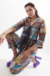 Shop_Cin Cin_Multi Color Silk Printed Abstract Botanical Band Collar Coco Top And Pant Set _Online_at_Aza_Fashions
