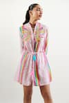 Shop_Cin Cin_Pink Cotton Printed Stripe Mandarin Collar Tara Dress _Online_at_Aza_Fashions