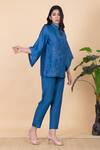 Shop_Chambray & CO._Blue Silk Embroidery Collared Jade Flower Shirt And Pant Set _Online_at_Aza_Fashions