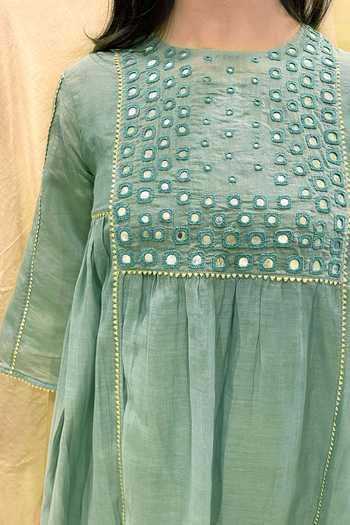 Chambray & Co._Green Chanderi, Muslin Embroidery Round Neck Kurta And Pant Set _Online_at_Aza_Fashions