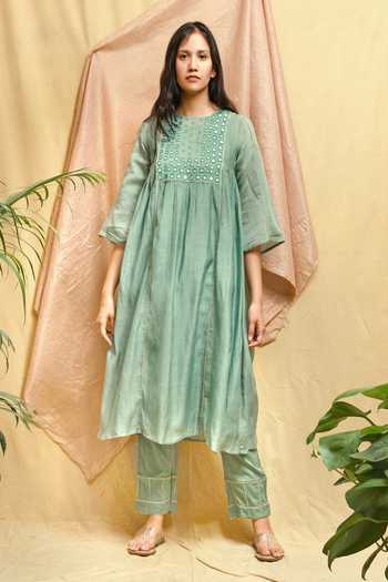 Buy_Chambray & Co._Green Chanderi, Muslin Embroidery Round Neck Kurta And Pant Set _Online_at_Aza_Fashions