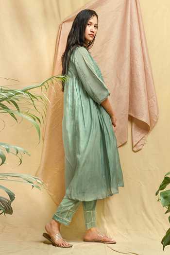Chambray & Co._Green Chanderi, Muslin Embroidery Round Neck Kurta And Pant Set _at_Aza_Fashions
