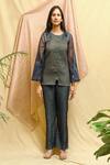 Buy_Chambray & Co._Blue Zari Woven Chanderi Embroidered Hand Applique Round Top And Pant Set _Online_at_Aza_Fashions