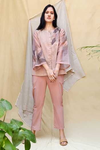 Chambray & Co._Pink Chanderi, Organza, Poplin Applique Round Neck Shirt And Pant Set _Online_at_Aza_Fashions