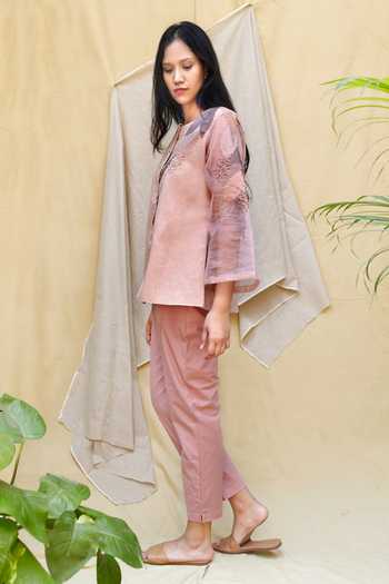 Buy_Chambray & Co._Pink Chanderi, Organza, Poplin Applique Round Neck Shirt And Pant Set _Online_at_Aza_Fashions