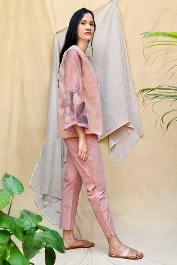 Shop_Chambray & Co._Pink Chanderi, Organza, Poplin Applique Round Neck Shirt And Pant Set _Online_at_Aza_Fashions