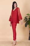 Buy_Chambray & CO._Red Silk Embroidery Collared Suzie Sleeve Top And Pant Set _Online_at_Aza_Fashions