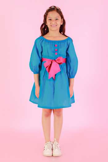 Buy_Lil Drama_Blue Cotton Bow Tie-up Dress _Online_at_Aza_Fashions