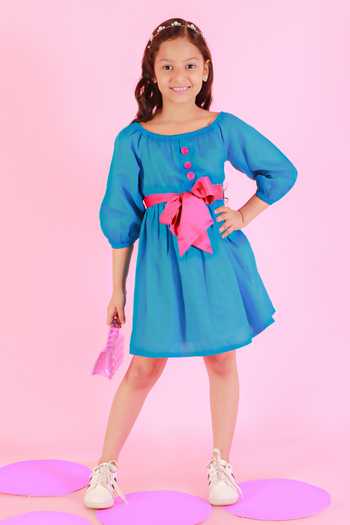 Shop_Lil Drama_Blue Cotton Bow Tie-up Dress _Online_at_Aza_Fashions