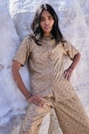 Dash and Dot_Beige 100% Polyester Lace Band Collar Top And Pant Set _Online_at_Aza_Fashions