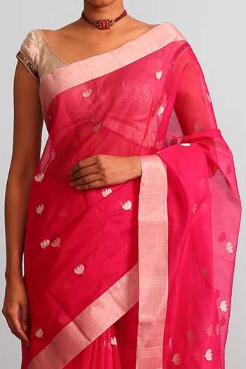 Buy_Mint N Oranges_Pink Zari Lotus Embroidered Saree _Online_at_Aza_Fashions