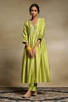 Buy_Weaver Story_Green Anarkali Lining Cotton, Dupatta Organza, Handwoven Yoke Embroidered Set _Online_at_Aza_Fashions