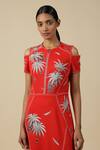 Shahin Mannan_Red Crepe Embroidery Round Neck Leaf And Fruit Cold Shoulder Dress _at_Aza_Fashions