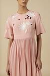 Shahin Mannan_Peach Viscose, Crepe Embroidery Round Neck Leaf And Fruit Gathered Dress _Online_at_Aza_Fashions