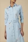 Shahin Mannan_Blue Crepe Embroidery Collared Eucalyptus Shirt Dress With Buckle Belt _Online_at_Aza_Fashions