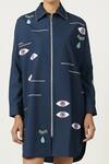 Shahin Mannan_Blue Poplin Embroidery Shawl Neck Facial Expressions Overshirt _Online_at_Aza_Fashions