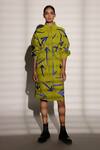 Shahin Mannan_Green Denim Embroidery High Neck Arrow Parka Dress _Online_at_Aza_Fashions