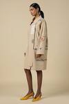 Shop_Shahin Mannan_Beige Poplin Embroidery Split V-neck Abstract Shapes Oversized Jacket Dress _Online_at_Aza_Fashions
