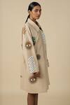Shahin Mannan_Beige Poplin Embroidery Split V-neck Abstract Shapes Oversized Jacket Dress _at_Aza_Fashions