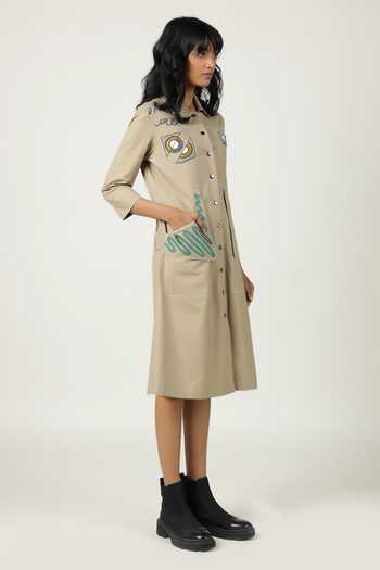 Shahin Mannan_Beige Poplin Embroidery Collared Abstract Shapes Pocket Dress _Online_at_Aza_Fashions