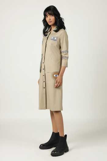 Buy_Shahin Mannan_Beige Poplin Embroidery Collared Abstract Shapes Pocket Dress _Online_at_Aza_Fashions