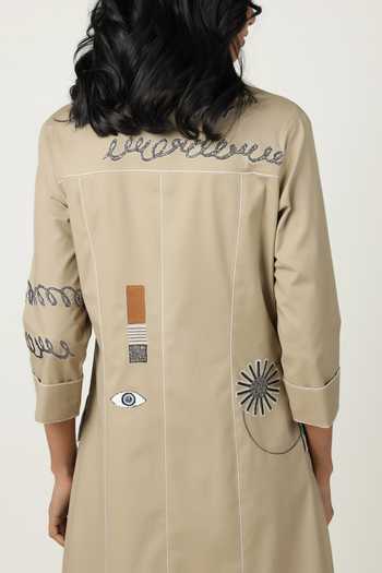 Shop_Shahin Mannan_Beige Poplin Embroidery Collared Abstract Shapes Pocket Dress _Online_at_Aza_Fashions