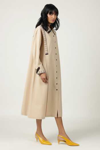 Buy_Shahin Mannan_Beige Poplin Embroidery Shawl Neck Measuring Tape Front Pleated Dress _Online_at_Aza_Fashions