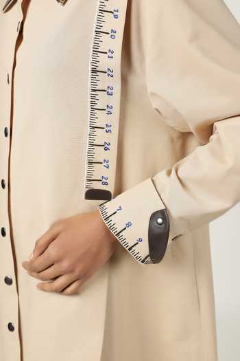 Buy_Shahin Mannan_Beige Poplin Embroidery Shawl Neck Measuring Tape Front Pleated Dress 