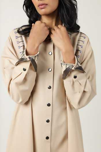 Shop_Shahin Mannan_Beige Poplin Embroidery Shawl Neck Measuring Tape Front Pleated Dress 