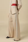 Shahin Mannan_Beige Linen Embroidery Measuring Tape Flared Pant _Online_at_Aza_Fashions