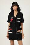 Shahin Mannan_Black Japanese Crepe Embroidered Measuring Tape Summer Coat Dress  _Online_at_Aza_Fashions