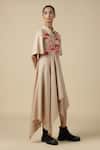 Shahin Mannan_Beige Linen Embroidery Shawl Neck Tiny Houses Asymmetric Dress _Online_at_Aza_Fashions