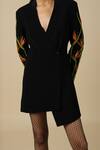 Shahin Mannan_Black Japanese Crepe Embroidered Bird Of Paradise V Neck Coat Dress  _Online_at_Aza_Fashions