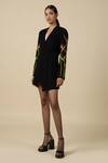 Buy_Shahin Mannan_Black Japanese Crepe Embroidered Bird Of Paradise V Neck Coat Dress  _Online_at_Aza_Fashions