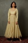 RI.Ritu Kumar_Beige Cotton, Silk, Viscose Embroidery Round Neck Zardozi Anarkali Set _Online_at_Aza_Fashions