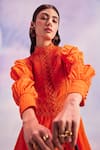 Shop_House of eda_Orange Shell 80% Cotton 20% Silk Embroidery Scallop Sabrina Dress For Women_at_Aza_Fashions