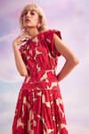 House of eda_Red Cotton Print Abstract Flower Round Neck Talia Dress _Online_at_Aza_Fashions