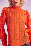House of eda_Orange Shell 80% Cotton 20% Silk Embroidery Scallop Lace Sabrina Top _Online_at_Aza_Fashions