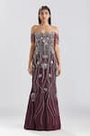 Megha Bansal_Wine Crepe Sequin, Thread, Cut Dana Work Off Shoulder Jamuni Gul Kaari Gown _Online_at_Aza_Fashions