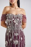 Shop_Megha Bansal_Wine Crepe Sequin, Thread, Cut Dana Work Off Shoulder Jamuni Gul Kaari Gown _Online_at_Aza_Fashions