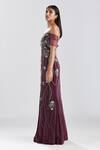 Megha Bansal_Wine Crepe Sequin, Thread, Cut Dana Work Off Shoulder Jamuni Gul Kaari Gown _at_Aza_Fashions