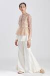 Megha Bansal_Pink Organza, Chanderi Zainaab Embroidered Jacket And Flared Pant Set_Online_at_Aza_Fashions