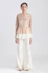 Buy_Megha Bansal_Pink Organza, Chanderi Zainaab Embroidered Jacket And Flared Pant Set_Online_at_Aza_Fashions