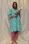 Buy_Studio Malang_Blue Handloom Cotton Wool Dyed Tie V Neck Phiran And Pant Set _at_Aza_Fashions