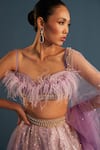 Buy_Cedar & Pine_Purple Net Feathers, Pearls, Sequins Sweetheart Embroidered Blouse Lehenga Set _Online_at_Aza_Fashions